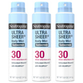 Neutrogena Ultra Sheer Body Mist SPF 30 pack of three cans for easy outdoor protection.