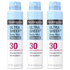 Neutrogena Ultra Sheer Body Mist SPF 30 pack of three cans for easy outdoor protection.