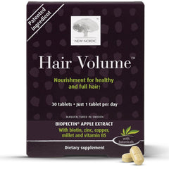 NEW NORDIC Hair Volume Tablets bottle front invites daily nourishment for healthier-looking hair.