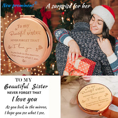 New Prominent Friend Mirror engraved message highlights sentimental sister gift.