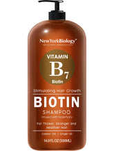 NEW YORK BIOLOGY champú de biotina: botella visible para cabello más grueso.