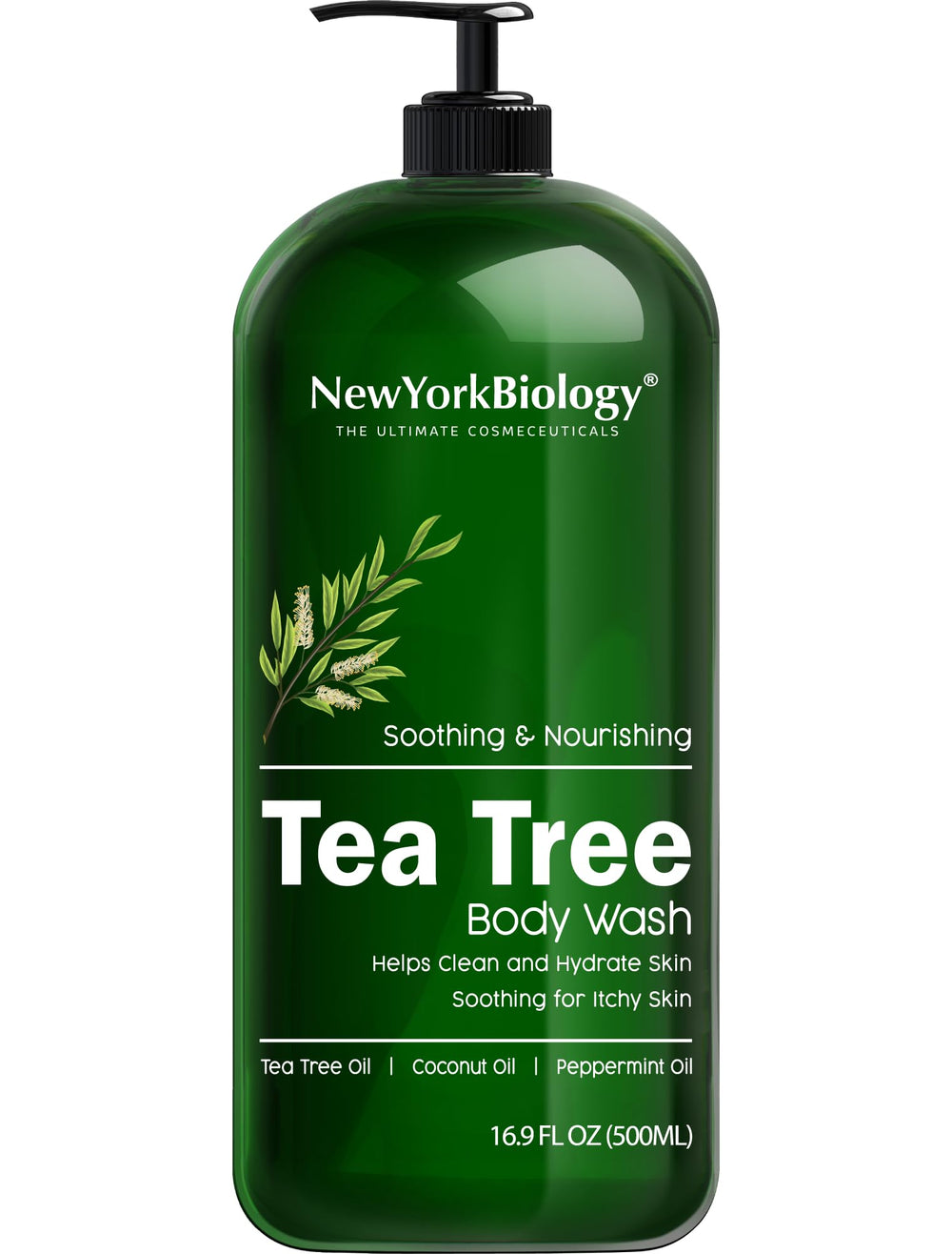 New York Biology Tea Tree Body Wash bottle pour for easy dispensing and refreshing cleanse.
