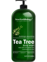 New York Biology Tea Tree Body Wash bottle pour for easy dispensing and refreshing cleanse.