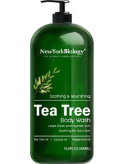 New York Biology Tea Tree Body Wash bottle pour for easy dispensing and refreshing cleanse.