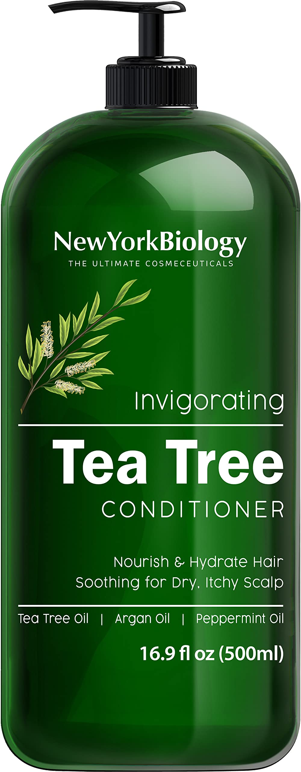 New York Biology Tea Tree Conditioner, botella frontal, alivio para caspa y cuero cabelludo irritado.