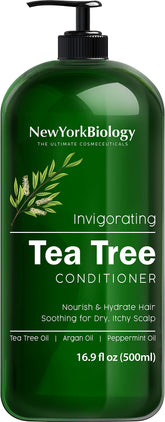 New York Biology Tea Tree Conditioner, botella frontal, alivio para caspa y cuero cabelludo irritado.