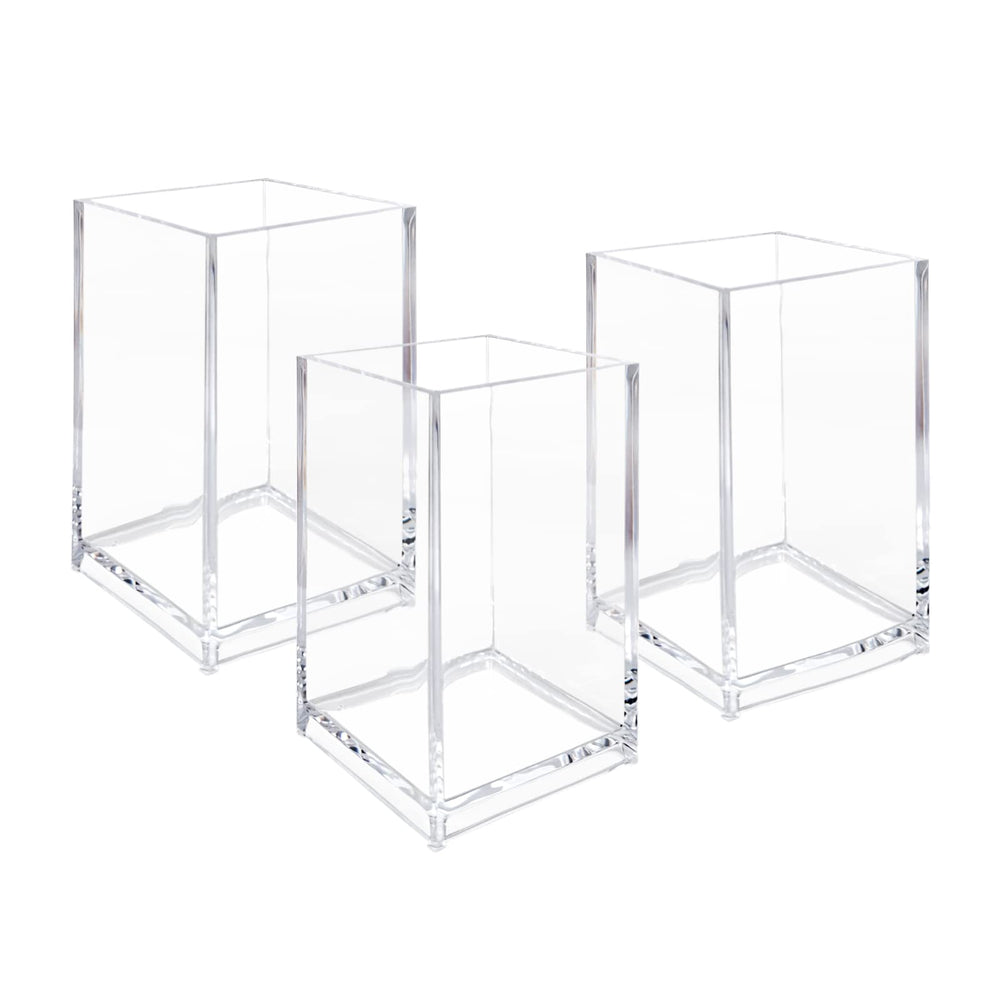 Newkita clear acrylic cosmetic pencil holder with three cups for easy visibility and organization.