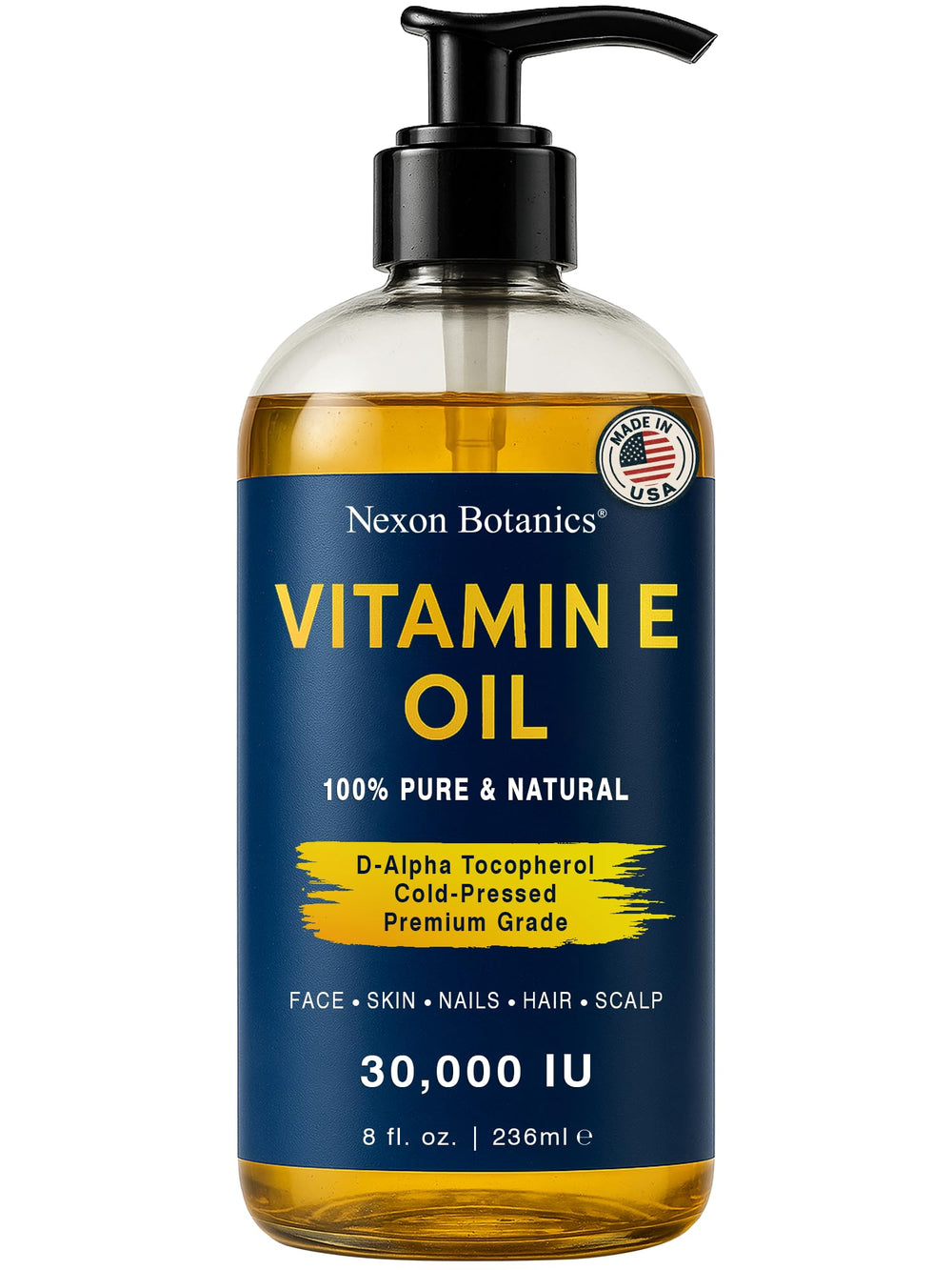 Nexon Botanics Aceite de vitamina E puro, botella vertiendo, hidratación suave para piel seca.