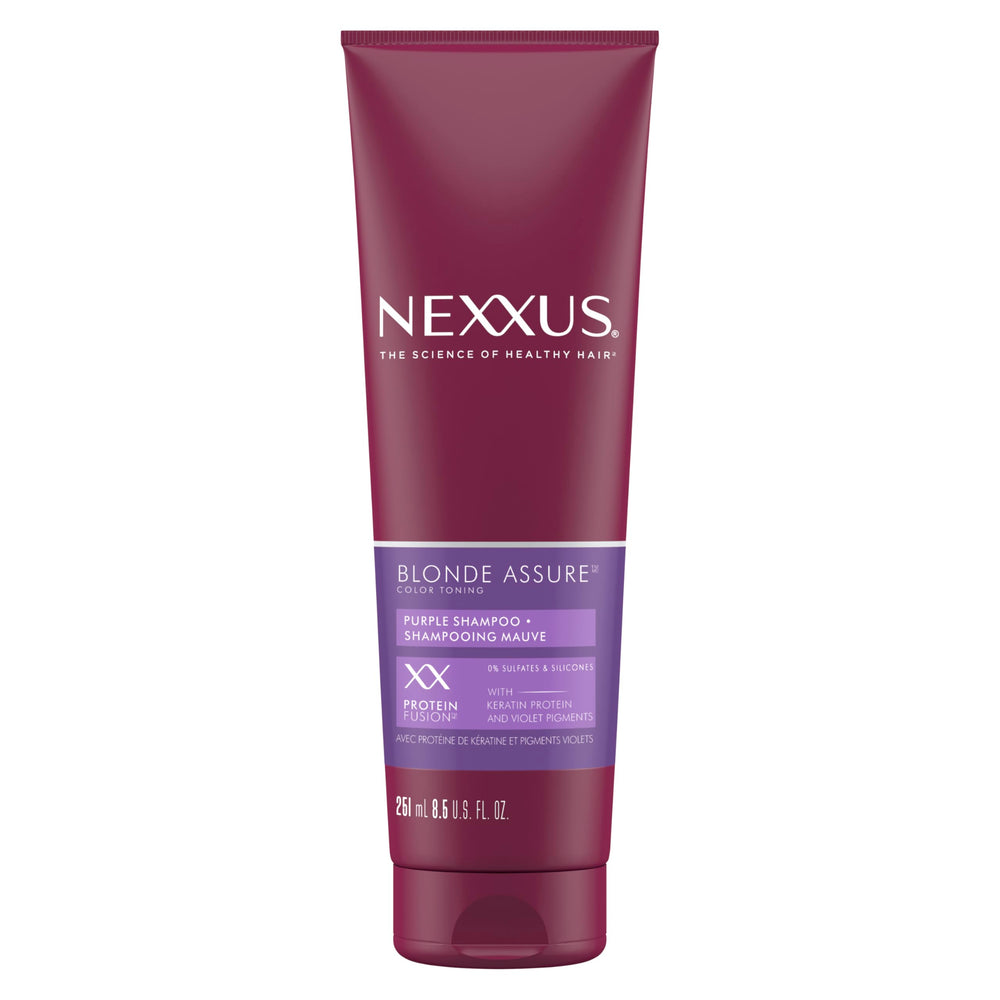 Nexxus champú morado para cabello rubio, botella morada, neutraliza tonos amarillos