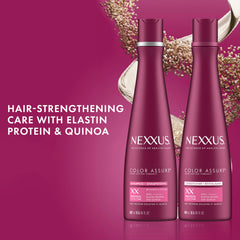 Nexxus Color Assure shampoo foam close-up illustrating rich lather for color care.