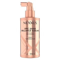 Nexxus Epic Shine Spray aplicado en cabello para brillo duradero