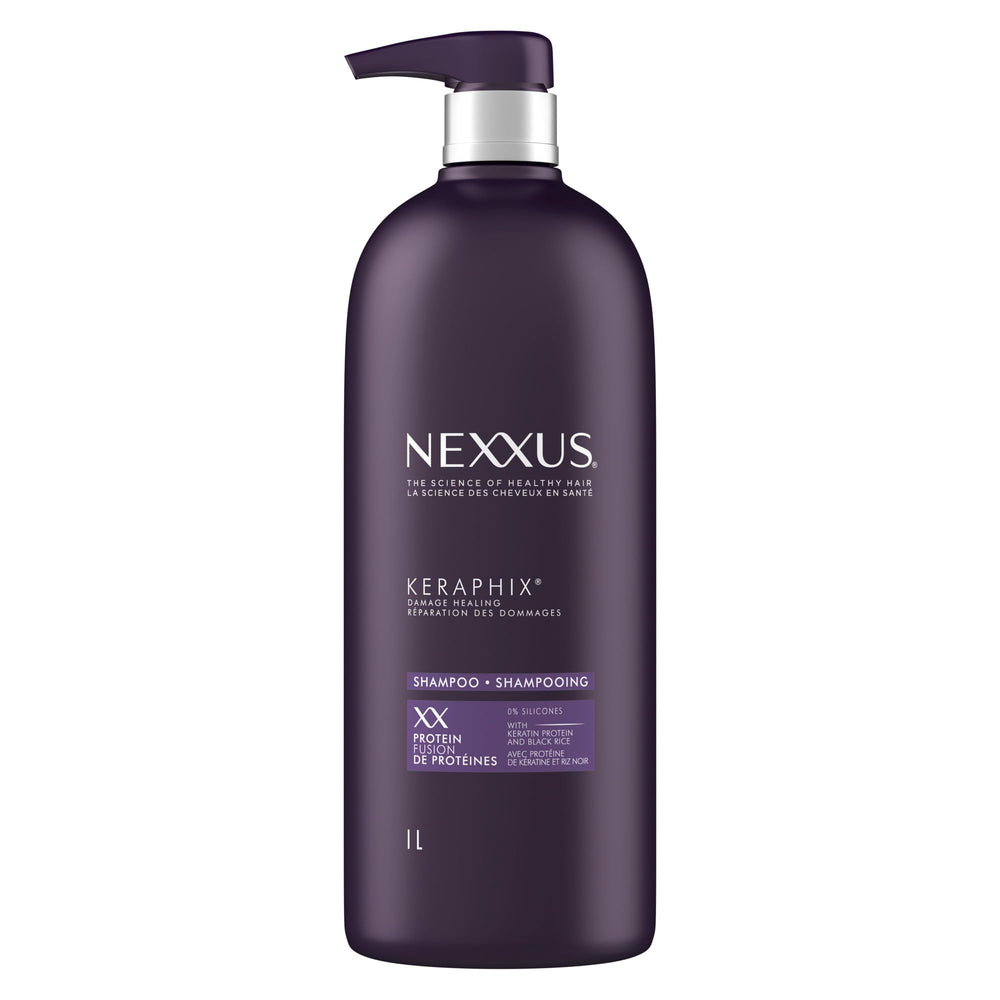 Nexxus Keraphix shampoo bottle shows powerful repair focus for visibly damaged hair.