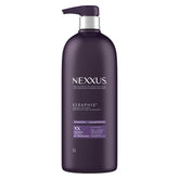 Nexxus Keraphix shampoo bottle shows powerful repair focus for visibly damaged hair.