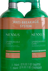 Nexxus Unbreakable Care shampoo bottle pouring for smoother, stronger hair.