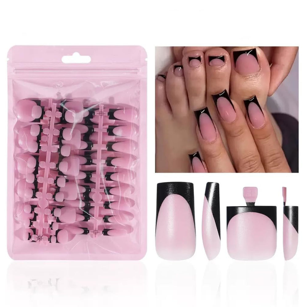 NHIXK uñas postizas negras con punta francesa cuadradas para un look elegante en casa