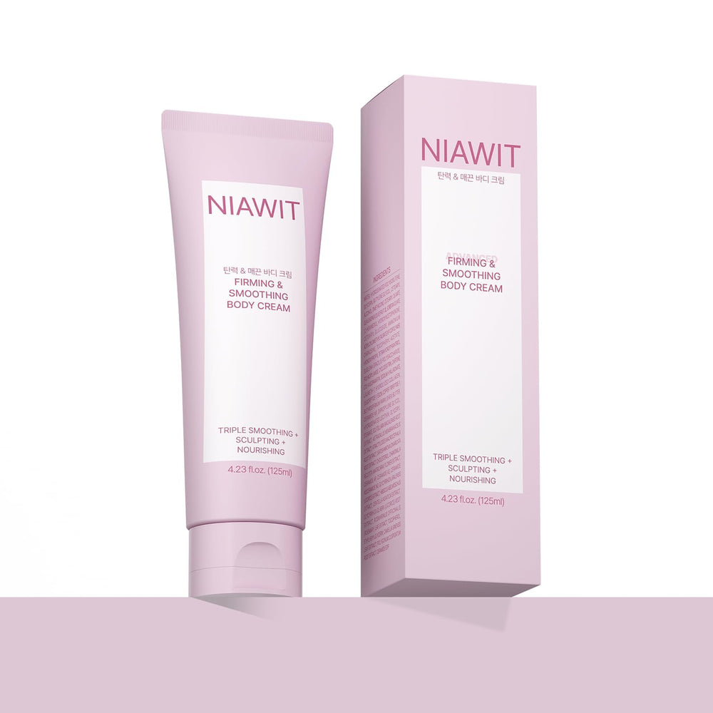 NIAWIT Firming Smoothing bottle closeup shows quick absorption for daily use.