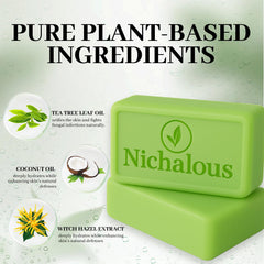 Product packaging of Nichalous Tea Tree Soap highlighting vegan formula.