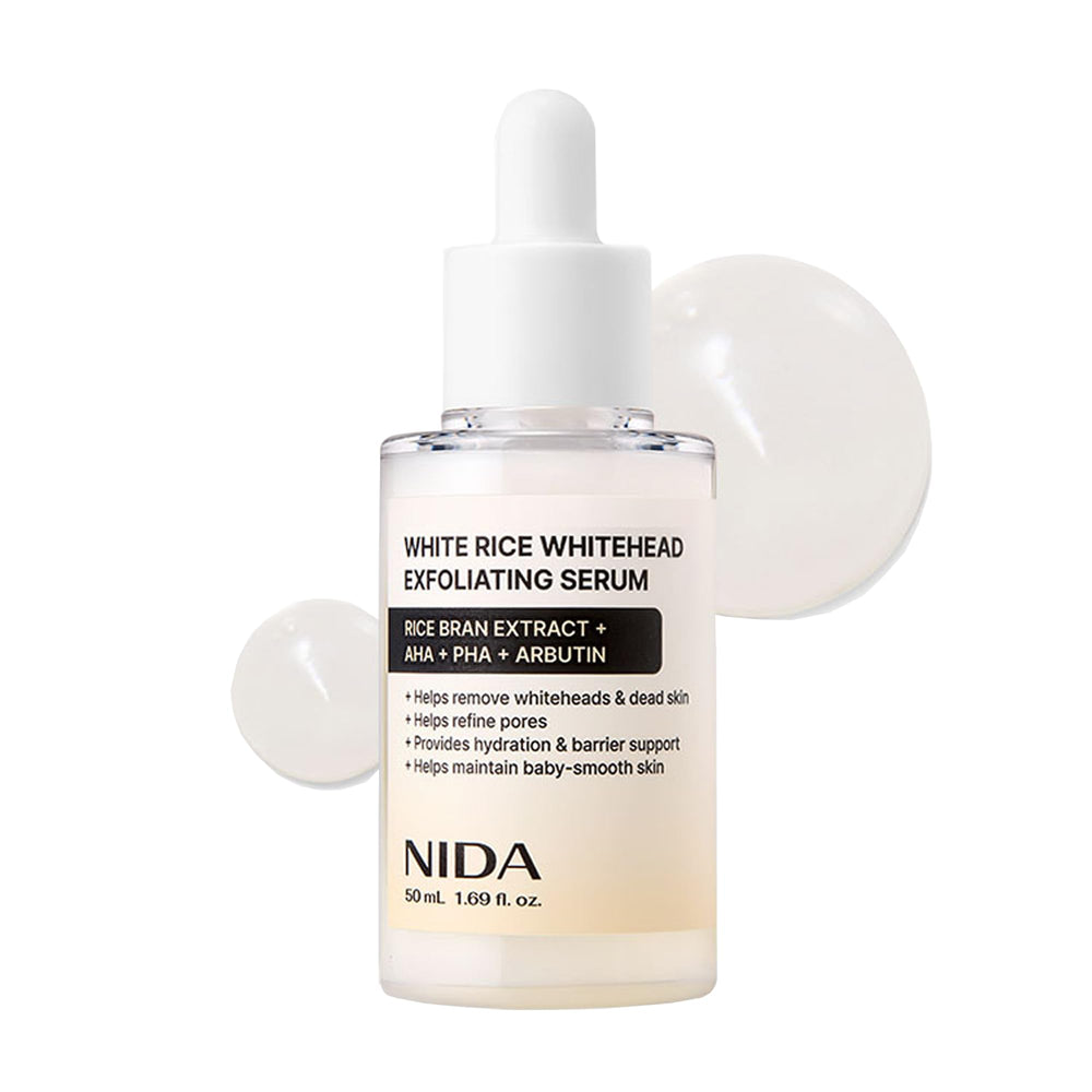 NIDA Arroz Blanco suero exfoliante, botella, exfoliación suave para piel radiante.