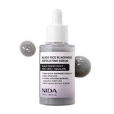 NIDA suero exfoliante de arroz negro, botella visible para uso diario y brillo suave.