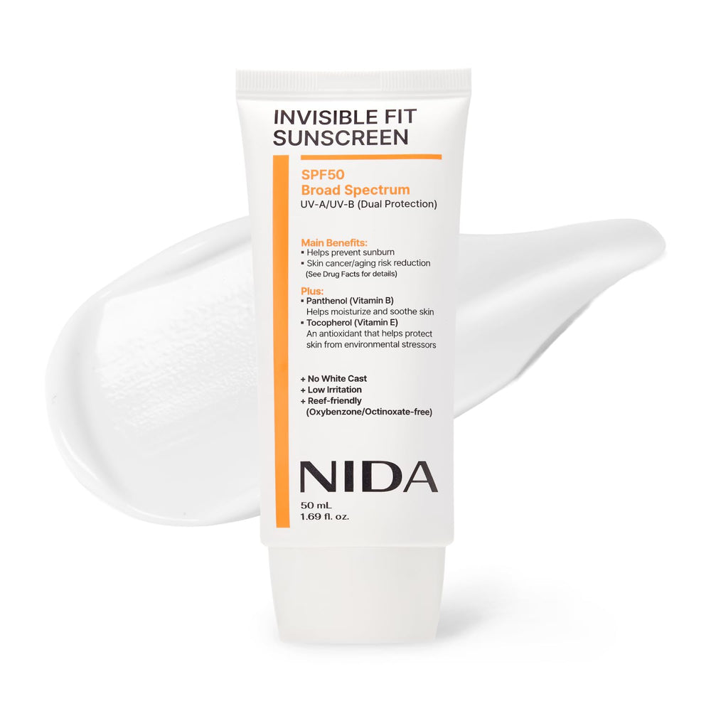 NIDA Invisible Fit protector solar, botella elegante y acabado invisible para uso diario.