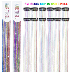 Nineibei glitter tinsel clip-in on hair application for quick, dramatic party looks.