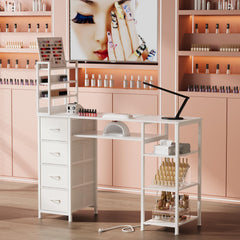 NinPeen manicure table drawer close-up highlighting four fabric storage drawers.