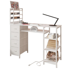 NinPeen manicure table front view with ample storage and crisp white finish.