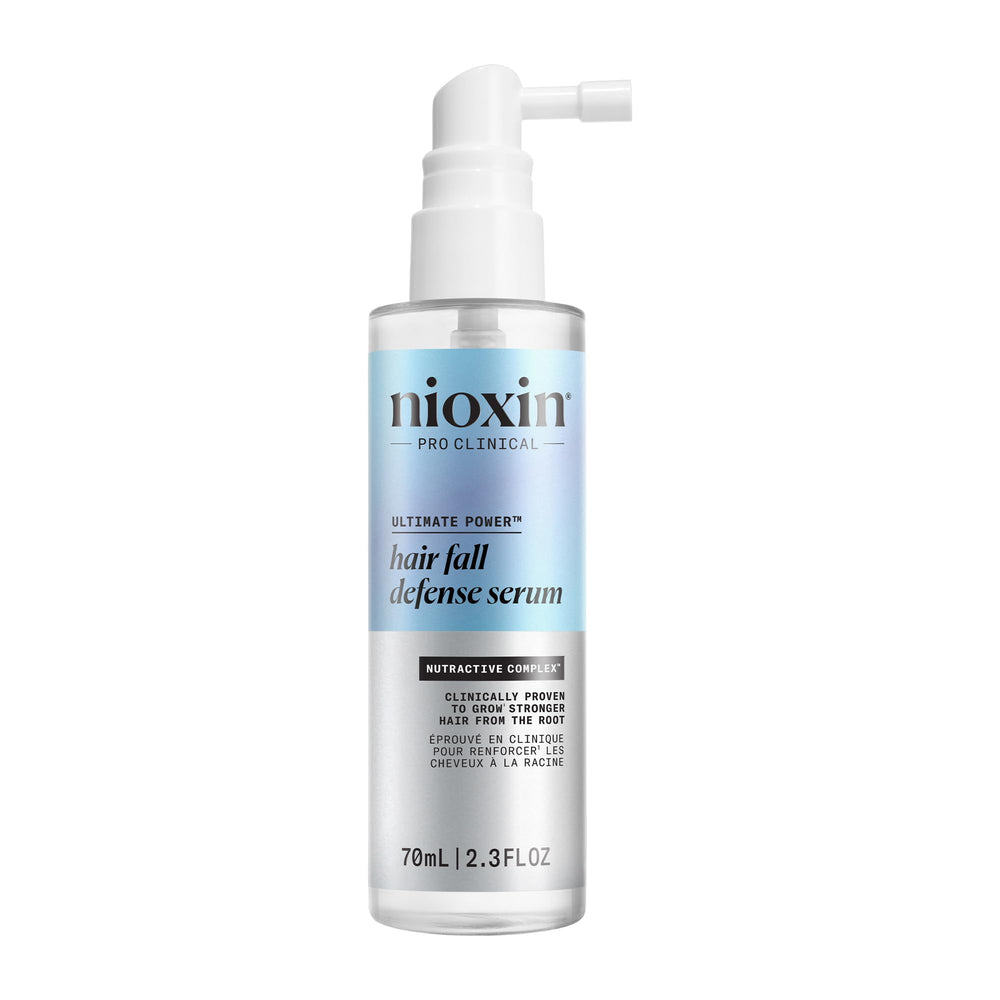 Nioxin Hair Fall Defense serum bottle for daily scalp care and potential thicker-looking hair.