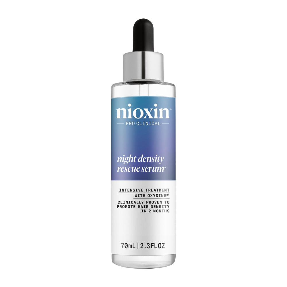 Nioxin Night Density Rescue Serum bottle closeup highlighting nighttime care benefits