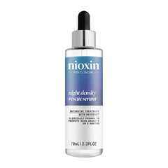 Nioxin Night Density Rescue Serum bottle closeup highlighting nighttime care benefits