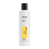 Nioxin System 1 shampoo bottle being poured for scalp cleansing and detoxification