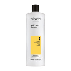 Nioxin System 1 shampoo bottle demonstrates daily cleansing for fine hair.
