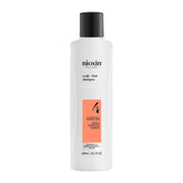 Nioxin System 4 bottle pour shows precise dosing for color-treated, progressed thinning hair.