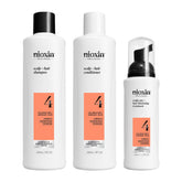 Nioxin System 4 cleanser bottle cleanses scalp for a fresh start.