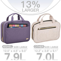 NISHEL travel bag hanging on a hook for quick access.