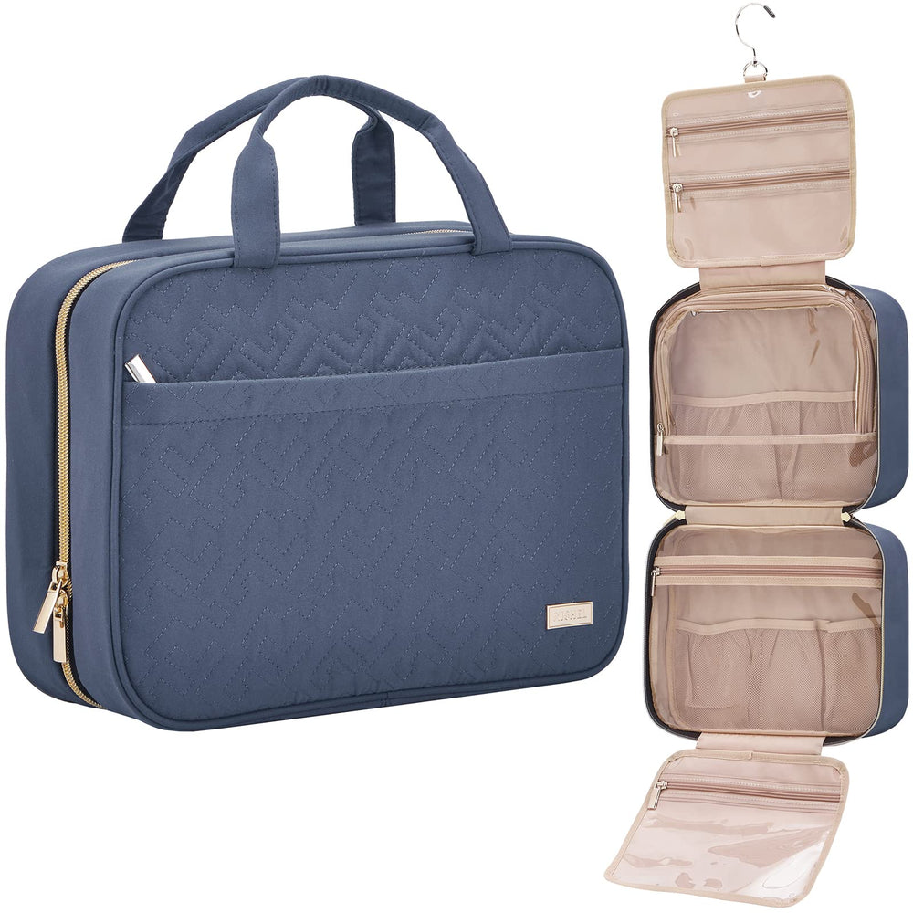 NISHEL travel toiletry bag in Aegean blue, hanging view for easy access.