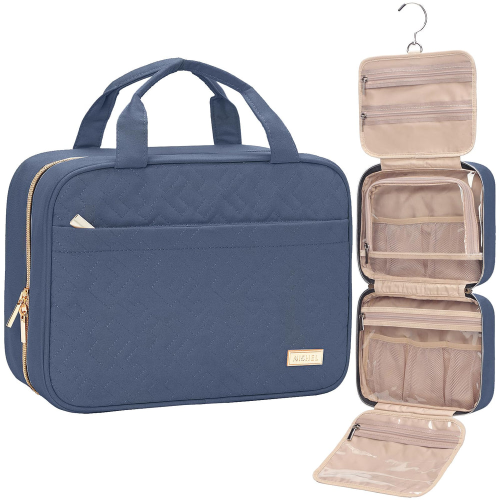 NISHEL travel toiletry bag in Aegean Blue hanging for easy access.