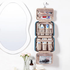 NISHEL bag shows full-size shampoo and conditioner storage.