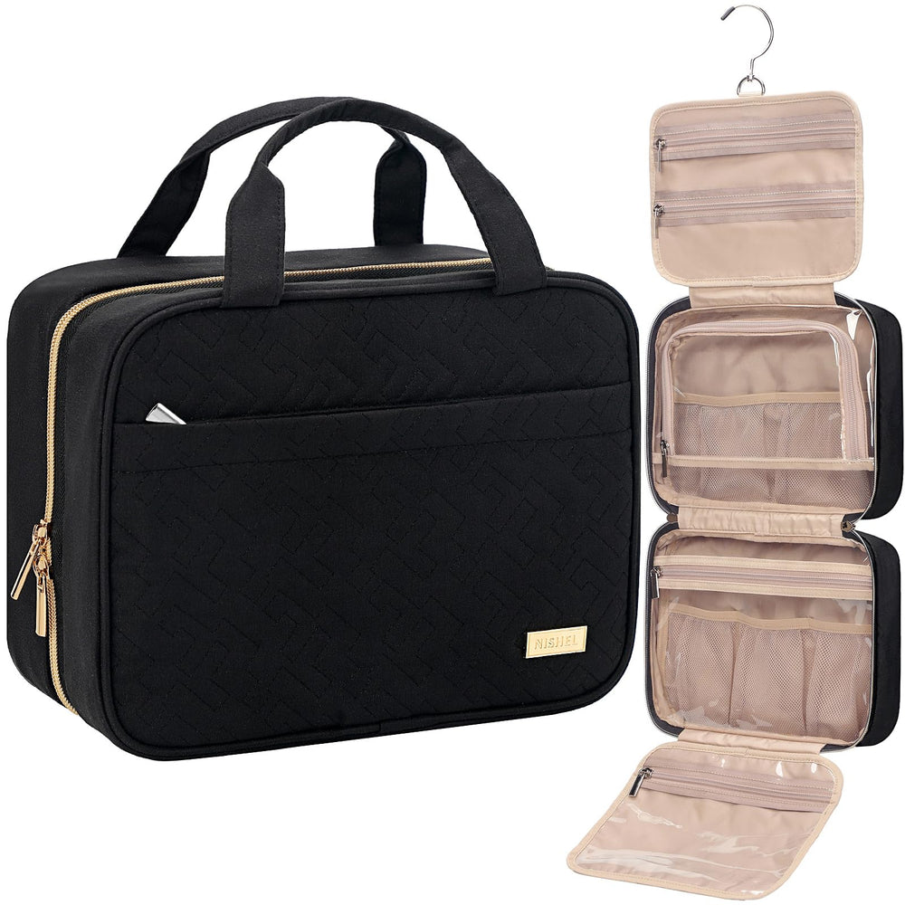 NISHEL travel toiletry bag hanging setup for easy reach while traveling.
