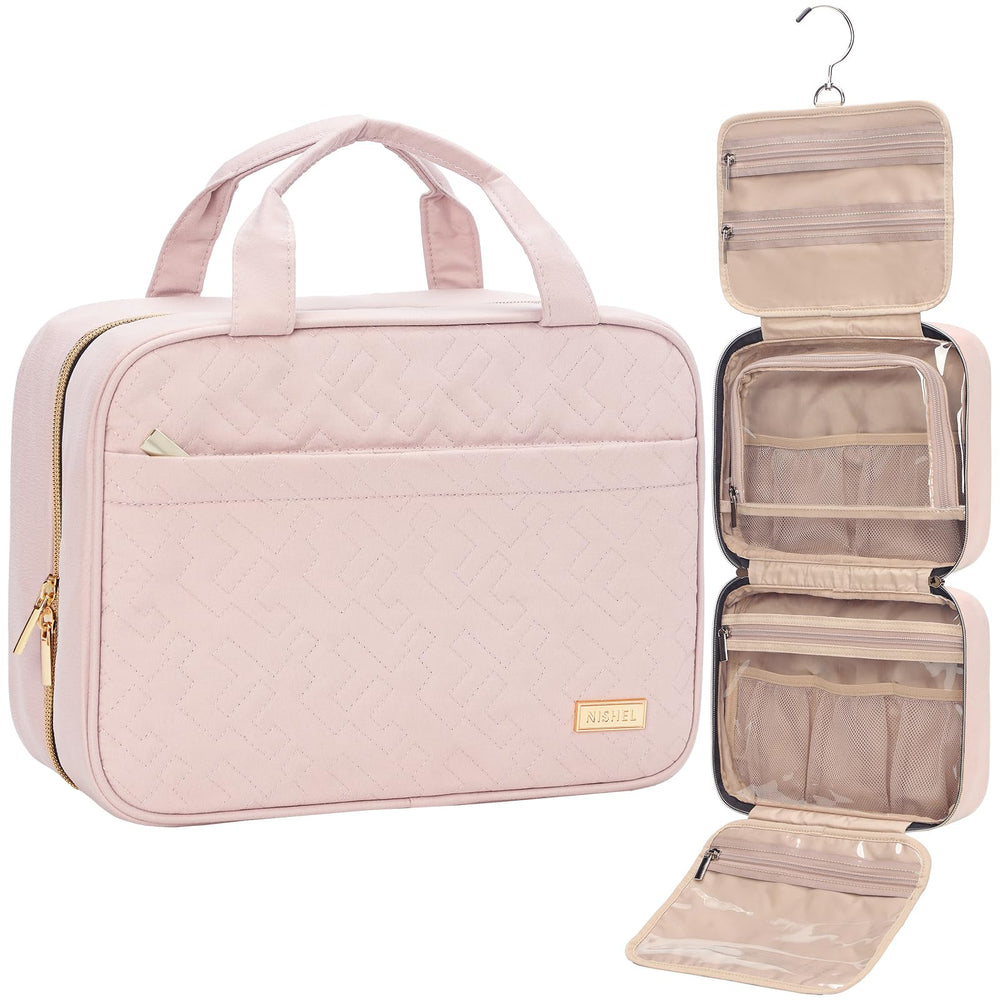 NISHEL travel toiletry bag hanging to keep essentials within reach while traveling.