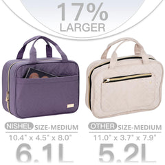 NISHEL purple toiletry bag interior with four compartments for cosmetics and skincare.