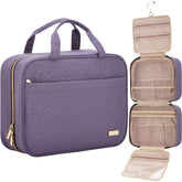 NISHEL travel toiletry bag in purple with organized compartments for easy packing.