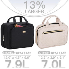 NISHEL travel toiletry bag hanging on a hook for easy access while traveling.