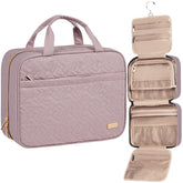 NISHEL travel toiletry bag in peach pink with large hanging design for easy access.