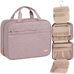 NISHEL travel toiletry bag in peach pink with large hanging design for easy access.
