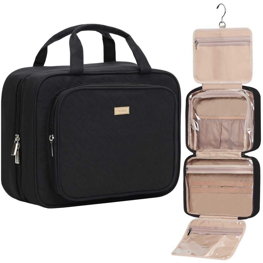 NISHEL travel toiletry bag open shows spacious compartments for cosmetics and skincare.