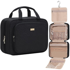 NISHEL travel toiletry bag open shows spacious compartments for cosmetics and skincare.