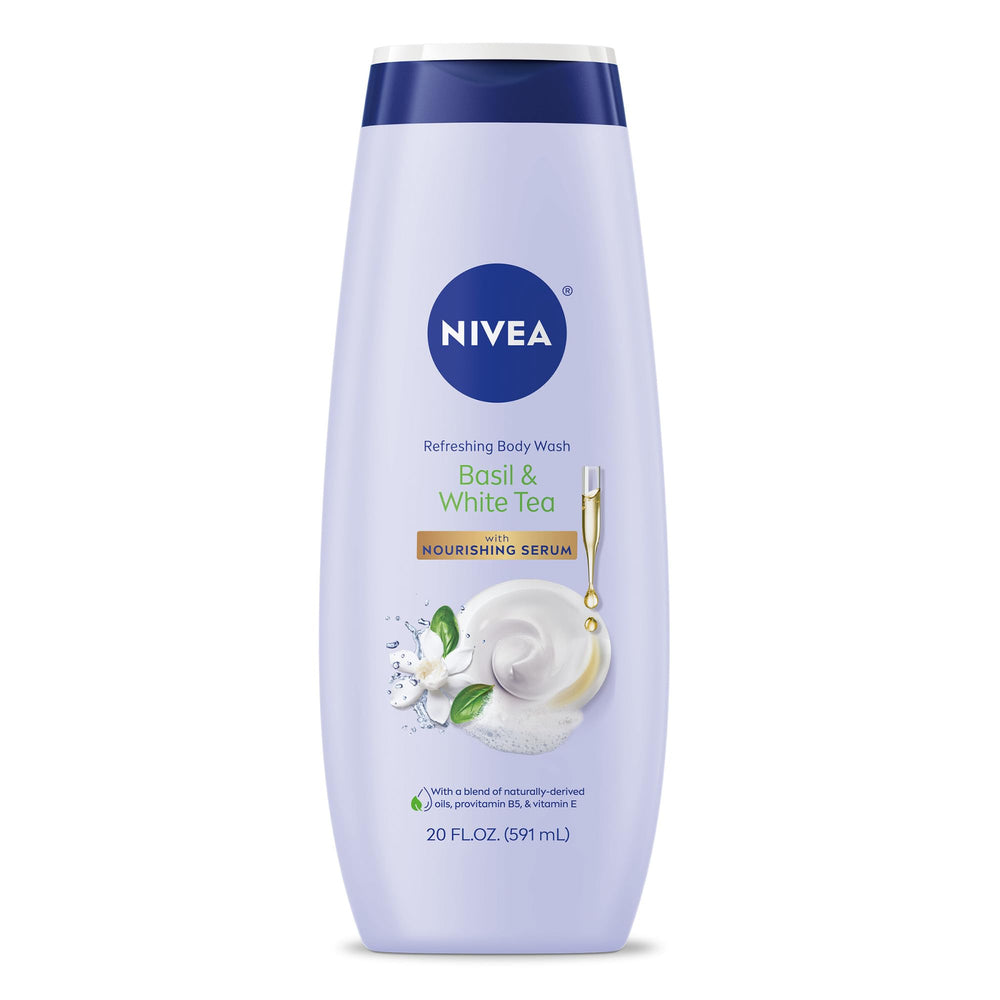 NIVEA Basil White Tea Body Wash bottle front shows a refreshing scent and moisturizing formula.