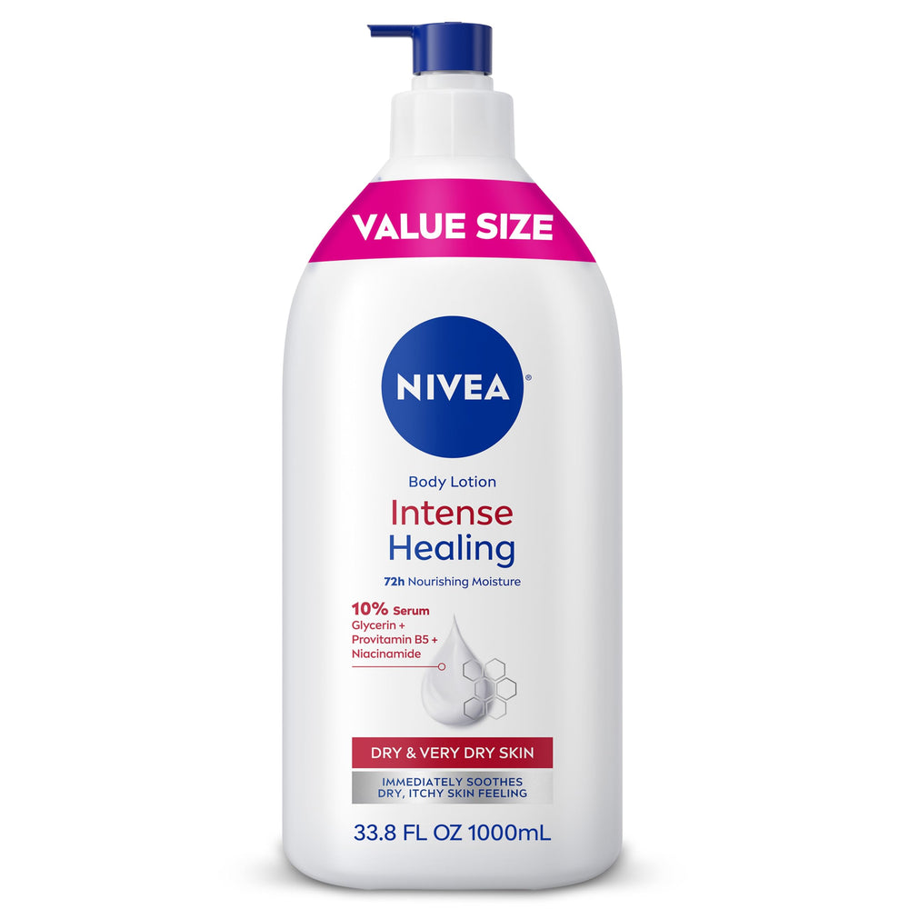 NIVEA Intense Healing, botella de crema corporal, alivio para piel seca.