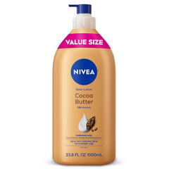NIVEA crema corporal con manteca de cacao, botella con bomba para hidratación duradera.